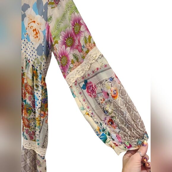 Johnny Was "Milana" Tiered Floral-print Maxi Dress/Duster with Lace Trim | L - Picture 12 of 15